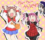  3girls amatsuka_nijiko amatsuka_urara amatsuka_yuuna arms_up baby_princess bag beret black_hair blush blush_stickers brown_hair caramelldansen choker closed_eyes dress gloves hair_ribbon handbag hat kojima_tsuma lowres multiple_girls open_mouth parody pink_hair plaid polka_dot popotan ribbon short_twintails skirt translation_request twintails violet_eyes 