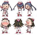  2girls :3 aika_granzchesta akira_ferrari amano_kozue angry aria blue_hair bow braid brown_hair chibi earrings hat jewelry long_hair lowres multiple_girls open_mouth outstretched_hand pointing shoes side_slit sketch twin_braids uniform very_long_hair 