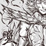  1boy :d armlet armor cancer_deathmask cancer_manigoldo grin hairu kanji looking_at_viewer lowres male_focus monochrome muscle open_mouth saint_seiya shoulder_pads simple_background smile solo teeth white_background 