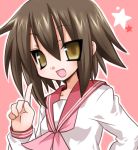  1girl brown_hair fang kooriyama_ichirou koriyama_shashi kusakabe_misao lowres lucky_star open_mouth school_uniform short_hair yellow_eyes 