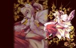  1girl animal_ears blonde_hair breasts fox fox_ears fox_tail geta hair_ribbon hakama japanese_clothes kimono long_hair medium_breasts miko multiple_tails nine_tail_fox ninetails ofuda original ponytail profile red_hakama ribbon shimakaze solo tabi tail wallpaper yellow_eyes zoom_layer 