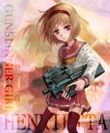  00s 1girl bob_cut brown_eyes brown_hair bullpup gun gunslinger_girl hairband henrietta left-handed p90 phase pleated_skirt school_uniform serafuku short_hair skirt solo submachine_gun thigh-highs weapon 