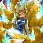  1girl blonde_hair breasts dress female fox_tail hat hat_with_ears kinkirara large_breasts long_sleeves multiple_tails pillow_hat queen_qko short_hair smile solo tail tassel touhou wide_sleeves yakumo_ran yellow_eyes 