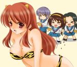  asahina_mikuru beans cosplay horns lowres lum lum_(cosplay) mamemaki nagato_yuki oni school_uniform serafuku setsubun sinko suzumiya_haruhi suzumiya_haruhi_no_yuuutsu tears tiger_print tsuruya urusei_yatsura 