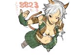  1girl animal_ears beckoning breasts cat_ears cat_tail final_fantasy final_fantasy_xi foreshortening from_above hand_on_hip large_breasts mithra navel short_hair solo tail thief_(final_fantasy) white_background white_hair 
