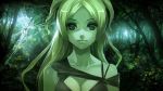  1girl bare_shoulders black_eyes blonde_hair breasts cleavage dress expressionless forest long_hair nature original silk smile solo spider spider_web 