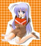  1girl argyle argyle_background bare_legs brown_skirt crossed_arms hair_ornament happy_valentine heart heart-shaped_box long_sleeves looking_at_viewer lyrical_nanoha mahou_shoujo_lyrical_nanoha mahou_shoujo_lyrical_nanoha_strikers military military_uniform pencil_skirt pink_ribbon reinforce_zwei ribbon simple_background sitting skirt sleeves_rolled_up solo uniform valentine wariza x_hair_ornament 