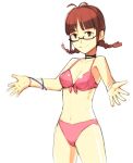  1girl ahoge akizuki_ritsuko bikini braid breasts brown_eyes brown_hair choker cowboy_shot glasses idolmaster light_smile medium_breasts red_bikini simple_background sketch smile solo swimsuit twin_braids white_background yu_65026 