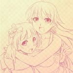  2girls hug long_hair lowres monochrome multiple_girls polka_dot polka_dot_background redrop ribbon short_hair yellow 