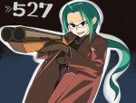  1girl :d aiming black_background blue_background blue_eyes breasts cowboy_shot directional_arrow foreshortening from_side glasses gloves green_hair gun happy holding holding_gun holding_weapon long_hair long_sleeves looking_to_the_side nitroplus number open_clothes open_mouth outline ponytail ryman sawed-off_shotgun saya_no_uta shotgun sidelocks simple_background slit_pupils smile solo tanbo_ryouko trench_coat two-tone_background very_long_hair weapon zipper 