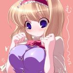  1girl alice_margatroid blonde_hair blue_eyes breast_squeeze breasts capelet female hairband jpeg_artifacts large_breasts looking_down lowres miuku_(marine_sapphire) solo staring touhou wide-eyed 
