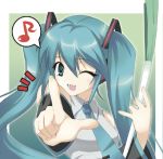  1girl aqua_eyes aqua_hair foreshortening hatsune_miku ishigami_kazui lowres musical_note necktie one_eye_closed open_mouth pointing simple_background smile solo speech_bubble spoken_musical_note spring_onion twintails upper_body vocaloid wink 