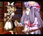  2girls blonde_hair book book_stack bow carrying female kirisame_marisa library mishima_hiroji multiple_girls patchouli_knowledge pink_bow touhou voile 