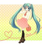  1girl alternate_costume aqua_hair arm_behind_back black_legwear blush bow casual closed_mouth cropped_jacket dress flower full_body hair_flower hair_ornament hand_up harmonia hatsune_miku heart heart_of_string holding holding_bag holding_hair long_hair looking_at_viewer necktie orange_bow over-kneehighs polka_dot polka_dot_background shoes short_necktie sleeves_past_elbows smile solo thigh-highs twintails vocaloid walking 