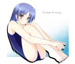  1girl barefoot blue_swimsuit blush character_name fetal_position full_body idolmaster kisaragi_chihaya long_hair one-piece_swimsuit purple_hair romaji solo staccato_squirrel swimsuit 