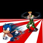  2boys belt blonde_hair boots camouflage capcom crossover gloves guile masao multiple_boys no_mouth object_namesake pun sega simple_background sonic sonic_the_hedgehog speed_lines street_fighter too_literal 