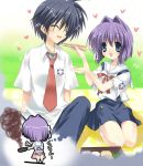  bad_food chibi chibi_inset clannad cooking failure feeding food fujibayashi_ryou hair_intakes imagining obentou okazaki_tomoya paco purple_hair school_uniform serafuku short_hair 