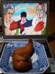  2d_dating 3boys computer food hokuto_no_ken kenshirou laptop lonely looking_at_viewer lowres male_focus manly meat multiple_boys parody photo 