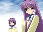  2girls clannad fujibayashi_kyou fujibayashi_ryou multiple_girls purple_hair school_uniform serafuku siblings sisters sugimura_tomokazu twins wallpaper 