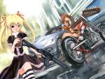  2girls assault_rifle bible black blonde_hair blush car cigarette cigarette_holder electric_guitar foreshortening ground_vehicle guitar gun hair_ribbon instrument left-hand_drive m4_carbine motor_vehicle motorcycle multiple_girls ribbon rifle shihira_tatsuya striped thigh-highs twintails vehicle weapon zettai_ryouiki 