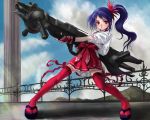  1girl adapted_uniform blue_hair gloves gun hakama japanese_clothes miko original phase ponytail red_eyes red_hakama solo thigh-highs weapon 