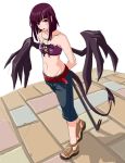  1girl bandeau crowbar demon_girl midriff nail_polish purple_hair red_eyes red_nails sandals solo strapless tail tubetop weapon wings 