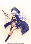  1girl blue_hair boots breasts cleavage gloves gradient gradient_background hat katana kazuma_muramasa legs long_hair looking_at_viewer midriff navel red_eyes sitting solo sword thighs weapon yellow_background 