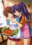  antenna_hair apron bread clannad cooking food fujibayashi_kyou furukawa_nagisa hug ikeda_kazumi official_art oven_mitts ponytail 