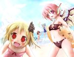  &gt;_&lt; 4girls animal_ears beach bikini blonde_hair blue_hair blush bow brown_hair chen cirno closed_eyes fang female hair_bow hair_ribbon multiple_girls multiple_tails mystia_lorelei name_tag one-piece_swimsuit outdoors pink_hair red_eyes ribbon rumia scarlet_(studioscr) school_swimsuit short_hair sky swimsuit tail team_9 touhou wings youkai 