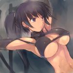  1girl amei_sumeru armpits black_hair breasts elbow_gloves erect_nipples gloves large_breasts long_hair lowres original ponytail solo under_boob violet_eyes 