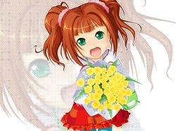  1girl :d bouquet brown_hair caryo flower green_eyes idolmaster open_mouth smile solo takatsuki_yayoi takeda_yukimura twintails zoom_layer 