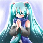  1girl aqua_hair blue_scarf detached_sleeves hands_together hatsune_miku looking_at_viewer misana scarf solo twintails vocaloid 