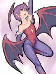  1girl bat_print blush capcom demon_girl elbow_gloves flat_chest fumio_(rsqkr) gloves head_wings lilith_aensland pantyhose patterned_legwear print_legwear purple_hair purple_legwear red_eyes short_hair solo succubus thighs vampire_(game) wings 