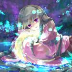  1girl :d afloat bangs black_hair blunt_bangs dress female head_tilt houraisan_kaguya kinkirara long_sleeves looking_at_viewer lying on_stomach open_mouth queen_qko red_dress shaded_face sidelocks smile solo touhou violet_eyes water wide_sleeves 