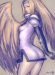  1girl angel_wings arc_system_works ass blonde_hair dress elbow_gloves fingerless_gloves fumio_(rsqkr) gloves guilty_gear hairband long_hair looking_back millia_rage short_dress signature solo wings 