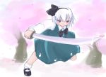 1girl female full_body katana konpaku_youmu nature outdoors plant shaomin solo sword touhou weapon white_hair 