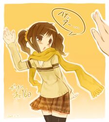  1girl brown_eyes brown_hair idolmaster noripachi scarf solo takatsuki_yayoi thigh-highs twintails zettai_ryouiki 