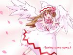  1girl blush bow brown_hair cherry_blossoms dress female hair_bow hat lily_white long_sleeves looking_at_viewer outstretched_arms petals pink_bow red_eyes shaomin solo tate_eboshi touhou white_dress white_wings wings 