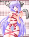  1girl animal_ears blush breasts cat_ears large_breasts long_hair naked_ribbon no_bra original panties purple_hair ribbon shirotsuki_kouta solo striped striped_panties underwear valentine violet_eyes 