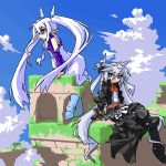  2girls armor belt blue_eyes boots female gauntlets lowres mof mof&#039;s_silver_haired_twintailed_girl multiple_girls oekaki original ruins silver_hair twintails 