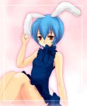  animal_ears ayanami_rei blue_hair bow bunny_tail dress legs neon_genesis_evangelion rabbit_ears red_eyes short_hair tail 