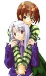  2girls brown_eyes brown_hair earrings fate/stay_night fate_(series) fujimura_taiga hug hug_from_behind illyasviel_von_einzbern jewelry kabocha long_hair multiple_girls red_eyes short_hair silver_hair smile strap_slip v_arms 