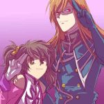  1boy 1girl anise_tatlin jade_curtiss jpeg_artifacts lowres oekaki purple_background salute tales_of_(series) tales_of_the_abyss 