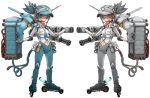  2girls blue_eyes blue_hair grey_eyes grey_hair hat machinery mecha_musume multiple_girls necktie oomori_harusame open_mouth original outstretched_arms roller_skates skates smile spread_arms symmetry tube 