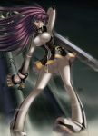  1girl blue_eyes breasts erect_nipples gloves kagami_hirotaka large_breasts original purple_hair solo sword weapon 