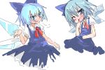  1girl :d ;d blue_dress blue_eyes blue_hair blush bow bowtie breath cirno crystal dress fairy female ice ice_wings looking_at_viewer one_eye_closed open_mouth red_bow red_bowtie simple_background smile touhou white_background wings 