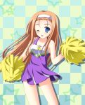  1girl ;d blue_eyes blush checkered checkered_background cheerleader collarbone contrapposto dancing dress hairband holding looking_at_viewer lucky_star minegishi_ayano one_eye_closed open_mouth orange_hair pom_poms purple_dress simple_background sleeveless sleeveless_dress smile solo sportswear tsuda_akira 