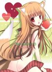  1girl animal_ears apple brown_hair food fruit holding holding_fruit holo red_eyes shirogane_hina solo spice_and_wolf tail wolf_ears 