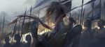  6+boys adjusting_clothes adjusting_gloves army black_gloves border0715 brown_eyes brown_hair chinese_clothes closed_mouth clouds cloudy_sky collar dressing flag floating_hair gloves helmet highres jiang_wei long_hair looking_at_viewer low_ponytail male_focus multiple_boys outdoors rain serious shin_sangoku_musou sky upper_body wind 