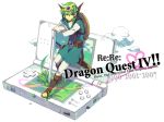  1girl chunsoft dragon_quest dragon_quest_iv ebira enix green_hair handheld_game_console hero_(dq4) md5_mismatch miniboy nintendo nintendo_ds oversized_object simple_background solo stylus white_background 